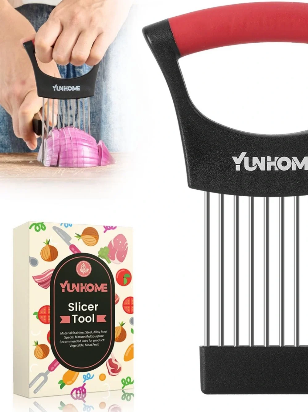 Red and Black Onion Slicer Tool – Secure Vegetable Holder